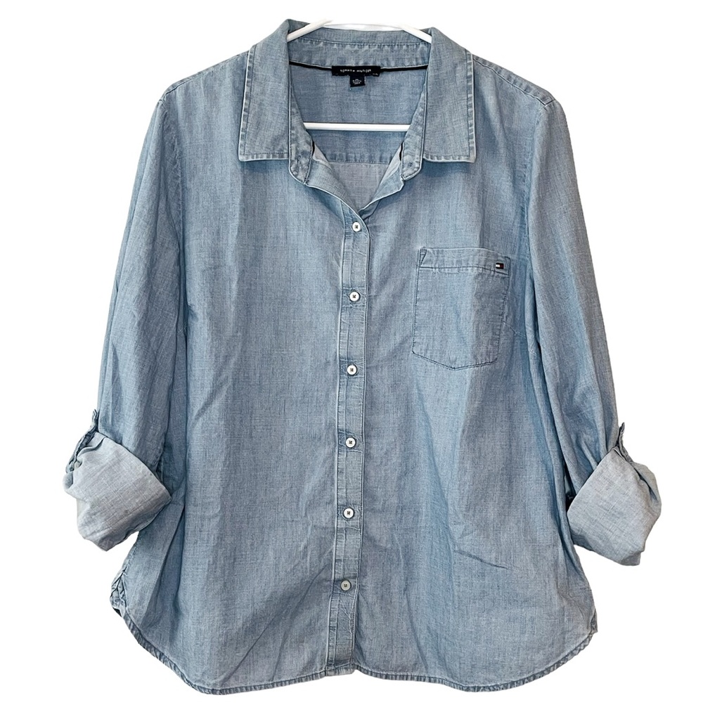 Tommy Hilfiger Blue Button Down Shirt Roll Tab Sleeve 100% Cotton Top Size XL